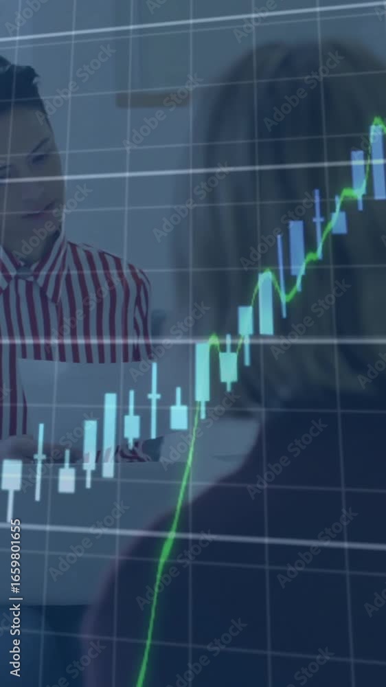 Poster animation of financial data processing over diverse colleagues discussing work in office