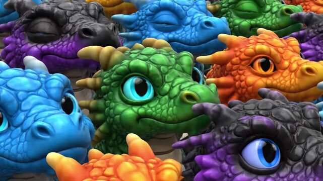 A vibrant pattern of cute and colorful cartoon baby dragon heads. A diverse crowd of mythical fantasy creatures gathered together.