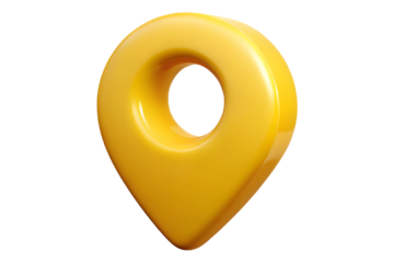 Yellow location pin 3d render for maps and navigation apps design on transparent background