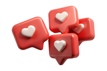 Red like notification icons with heart symbols 3d rendering on transparent background