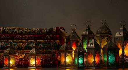 Festive Ramadan Ambiance with Traditional Lanterns and Stacked Prayer Rugs