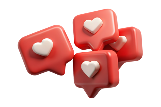 Red like notification icons with heart symbols 3d rendering on transparent background