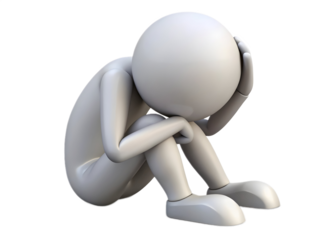 3d stick figure in despair with head in hands sitting down on transparent background