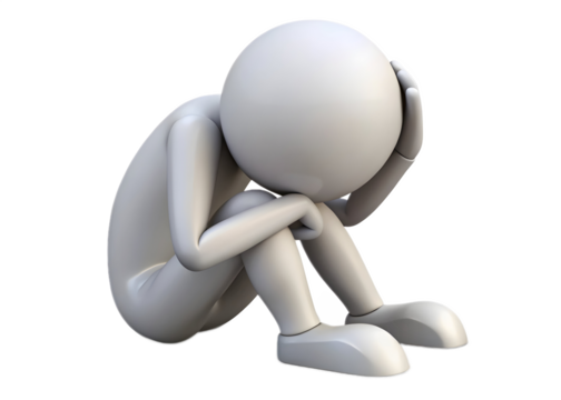 3d stick figure in despair with head in hands sitting down on transparent background