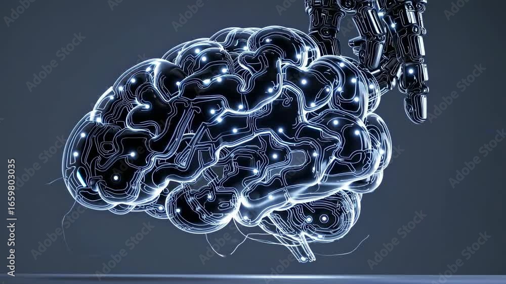 Poster futuristic robotic arm interacts with a glowing artificial intelligence brain, highlighting advanced