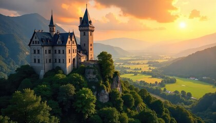 Fototapeta premium Majestic Medieval Castle at Sunset Idyllic Valley View, Breathtaking Panorama, Peaceful Landscape