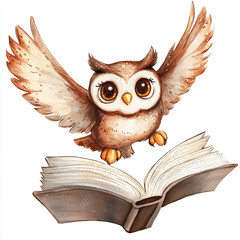 Obraz premium Watercolor Owl Soaring Above Open Book with Wide Eyes and Wings Spread
