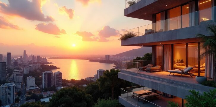 Luxurious Condo Building with Expansive City Views and Sunset Balconies Modern Architecture, Resort Amenities, Real Estate