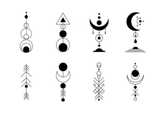 Collection of geometric linear tattoo designs isolated PNG with Transparent Background