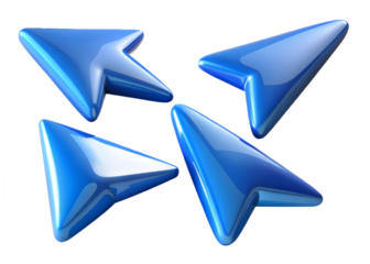 Glossy blue arrow cursor set for navigation and direction design on transparent background
