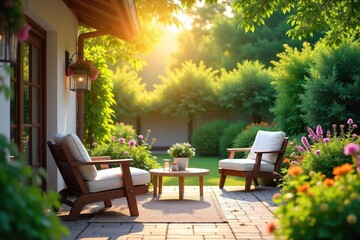 Fototapeta premium Relaxing summer day at home, sun shining on a vibrant garden, lush greenery, inviting patio furniture , bright, sun, lifestyle