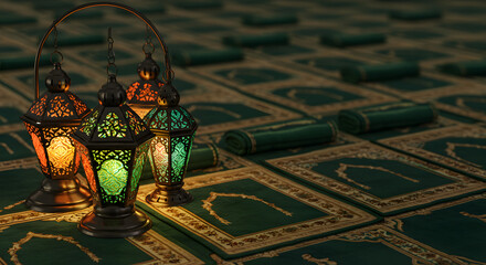 Traditional Islamic Lanterns Illuminating Green Prayer Mats for Ramadan and Eid Celebrations
