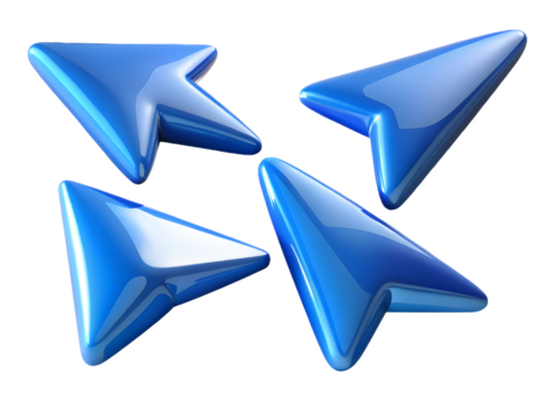 Glossy blue arrow cursor set for navigation and direction design on transparent background
