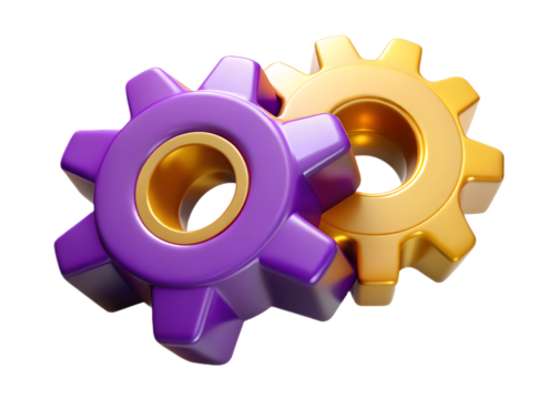 Purple and gold gears interlocking in a 3d render illustration on transparent background - Powered by Adobe