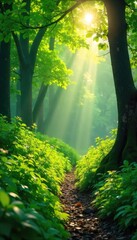 Obraz premium Serene Sunlight Filtering Through Lush Greenery Peaceful Nature Scene for Wellness and Relaxation