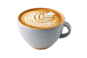 Latte with leaf art, creamy texture, served in a light blue mug. Warm drink, delicious, aesthetic