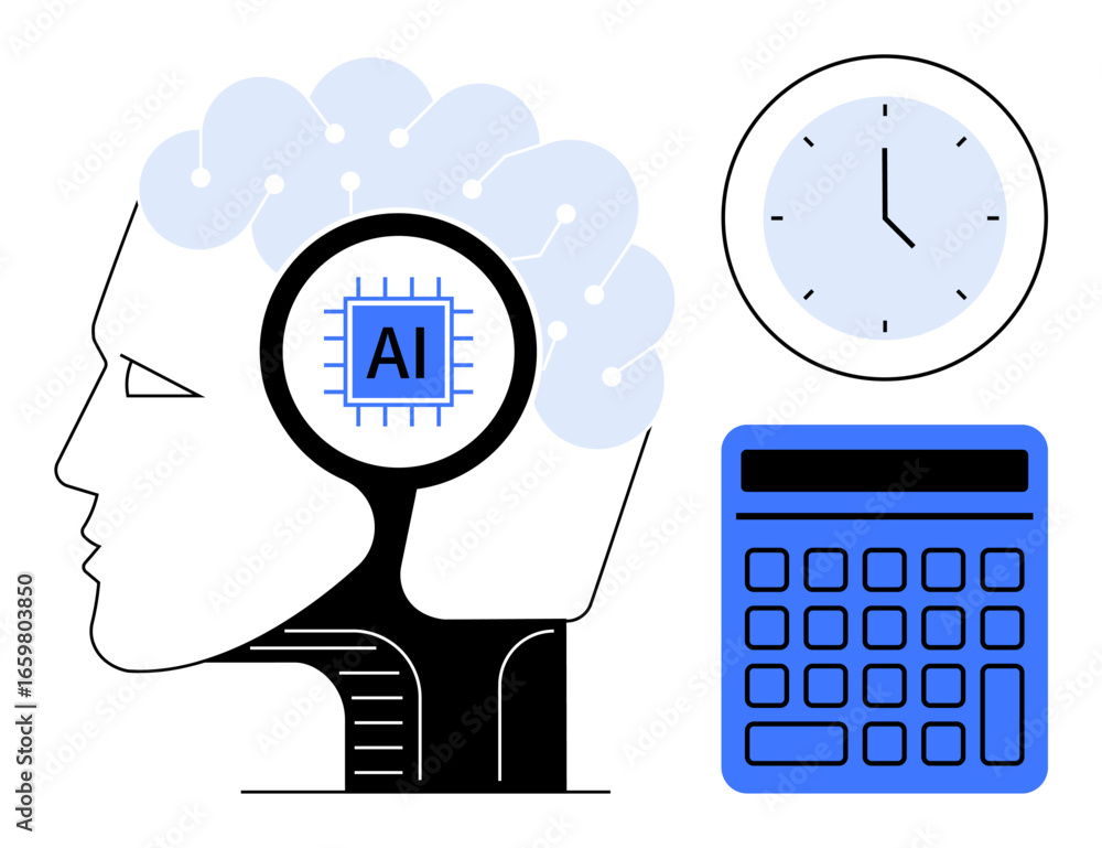 Poster human head with ai chip emphasizes technology. clock represents time, calculator for logic. ideal fo