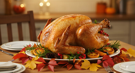 Perfectly Roasted Thanksgiving Turkey Centerpiece with Autumn Leaves and Festive Garnishes on a Rustic Wooden Table, Ready for a Holiday Feast.