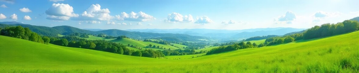 Obraz premium Serene vista of rolling hills, lush green meadows, and a clear blue sky Perfect for nature, travel, or environmental projects Tranquil and idyllic scenery , wallpaper, conservation, clouds