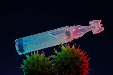 Single plastic ampoule resting on two green spiky seed pods, dramatic lighting and gradient...