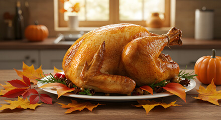 Festive Roasted Turkey Feast with Autumn Leaves and Pumpkins, set on a rustic wooden table in a warm kitchen for Thanksgiving or holiday celebrations.