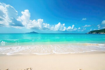 Fototapeta premium Stunning panoramic view of a pristine sandy beach, turquoise ocean waves gently lapping the shore under a vibrant blue sky Perfect for travel, vacation, or summer themes , horizon, vibrant