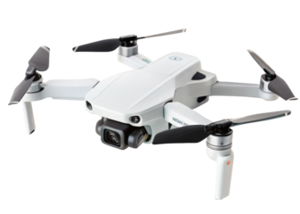 Foldable modern drone with camera lens visible and arms tucked