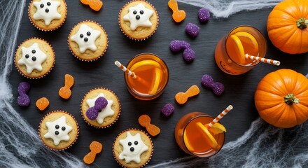 Obraz premium Halloween cupcakes with ghostshaped frosting drinks with lemon pumpkins and candy