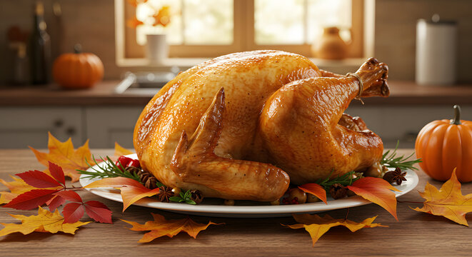 Festive Roasted Turkey Feast with Autumn Leaves and Pumpkins, set on a rustic wooden table in a warm kitchen for Thanksgiving or holiday celebrations.