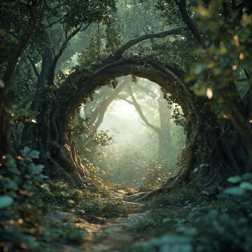 A magical forest with an enchanted green background, featuring the entrance to ancient tree roots that form a circular tunnel leading into light and mystery