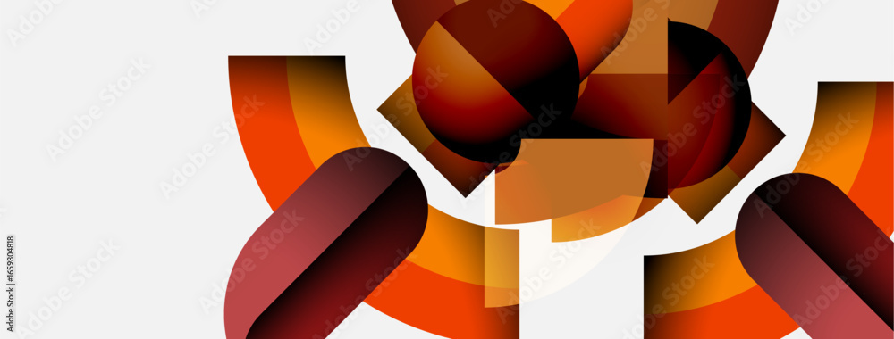 Poster abstract shapes, warm colors dominate composition. rounded forms overlap, creating dynamic visual in