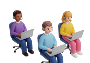 Three cartoon customer service representatives working on laptops isolated PNG with Transparent Background