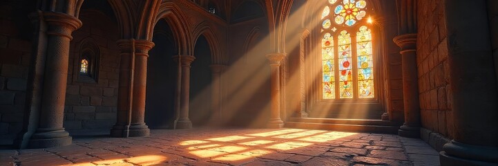 Sunbeams illuminate a church's stained-glass window, casting colorful, ethereal light onto the ancient stone floor A sense of peace and reverence fills the sacred space , light, heaven