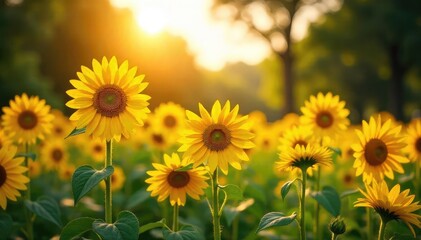 Obraz premium Sunflowers Bask in Golden Sunlight A Tranquil Summer Scene in a Picturesque Park. Perfect for nature, summer, and happiness themes; ideal for cards, calendars, and website backgrounds.