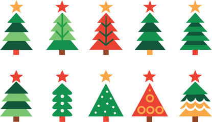 Collection of festive geometric christmas trees with stars