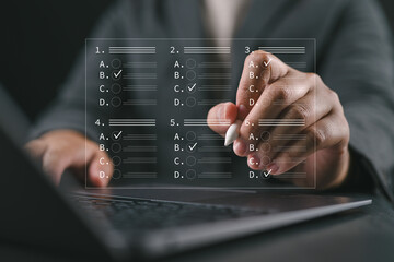 Businessman tick mark an assessment, questionnaire, evaluation, online survey exam choose the right answer in the exam, filling out an online survey form. Answer the test questions concept.