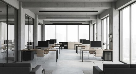 Minimalist concrete coworking office interior