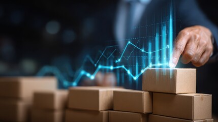 A business professional analyzes growth data, using digital graphs layered over boxes, symbolizing logistics and trade.