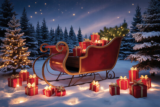 Santas sleigh filled with christmas presents, illuminated by festive lights in a snowy winter forest at night