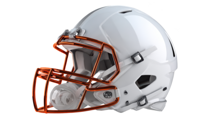 Shiny white football helmet with orange facemask, ready for the gridiron