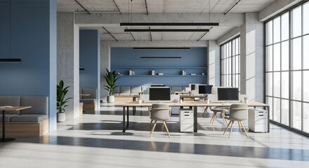 Minimalist concrete coworking office interior