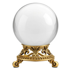 Polished clear crystal ball placed on ornate golden stand