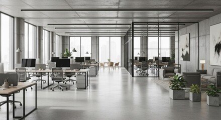 Minimalist concrete coworking office interior