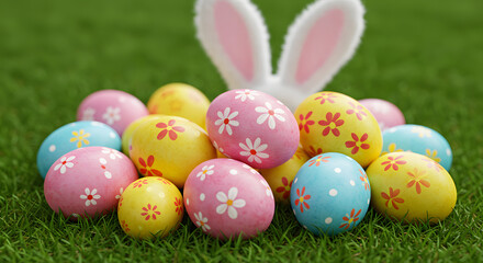 Colorful Easter Eggs with Floral Designs and Bunny Ears on Green Grass