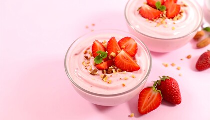 Pink yogurt parfaits topped with fresh strawberries and nuts