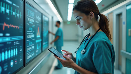 Nurse uses mobile health device for patient monitoring in clinic. Innovative tech enhances patient care with real-time health data tracking, improving healthcare outcomes, support. Doctor reads data