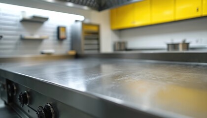 Focus on clean modern stainless steel griddle in pro kitchen. Surface reflects light. Yellow cabinets, equipment for food preparation. Culinary workspace designed hygiene. Ideal for culinary arts,