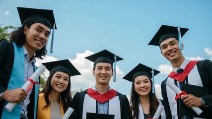 Group of happy university graduates celebrating academic achievement in outdoor ceremony with caps, gowns and diplomas under sunny sky - Powered by Adobe