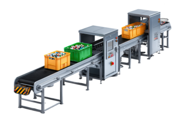 Industrial sorting machine processing colorful plastic waste on conveyor belts