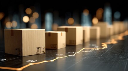 A close-up of wooden boxes on a dark surface, with a blurred cityscape in the background and a line graph representing growth or logistics.